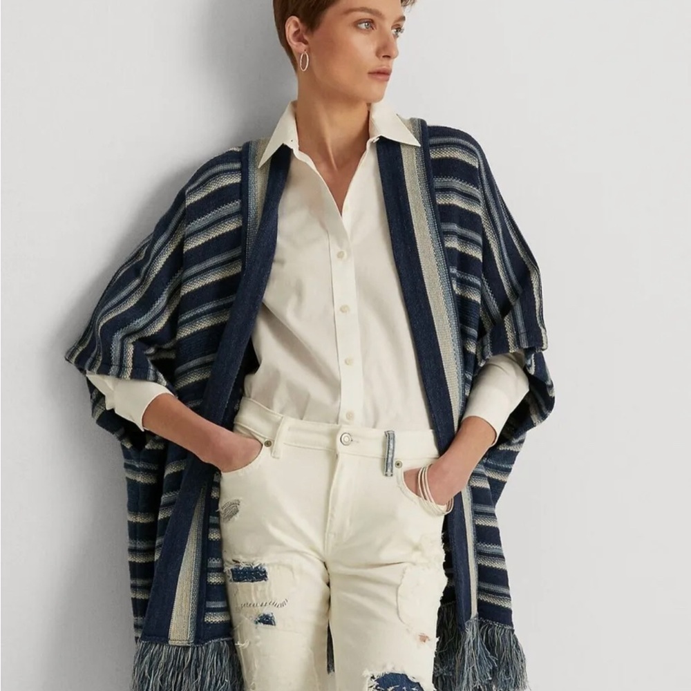 NWT Lauren Ralph Lauren Striped Fringe-Trim Cardigan Petite M/L French Navy
